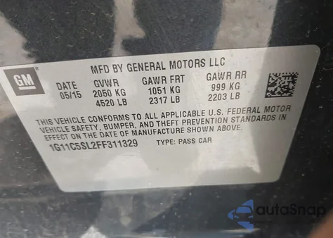 2015 Chevrolet Malibu 1Lt from USA, damaged, VIN 1G11C5SL2FF311329